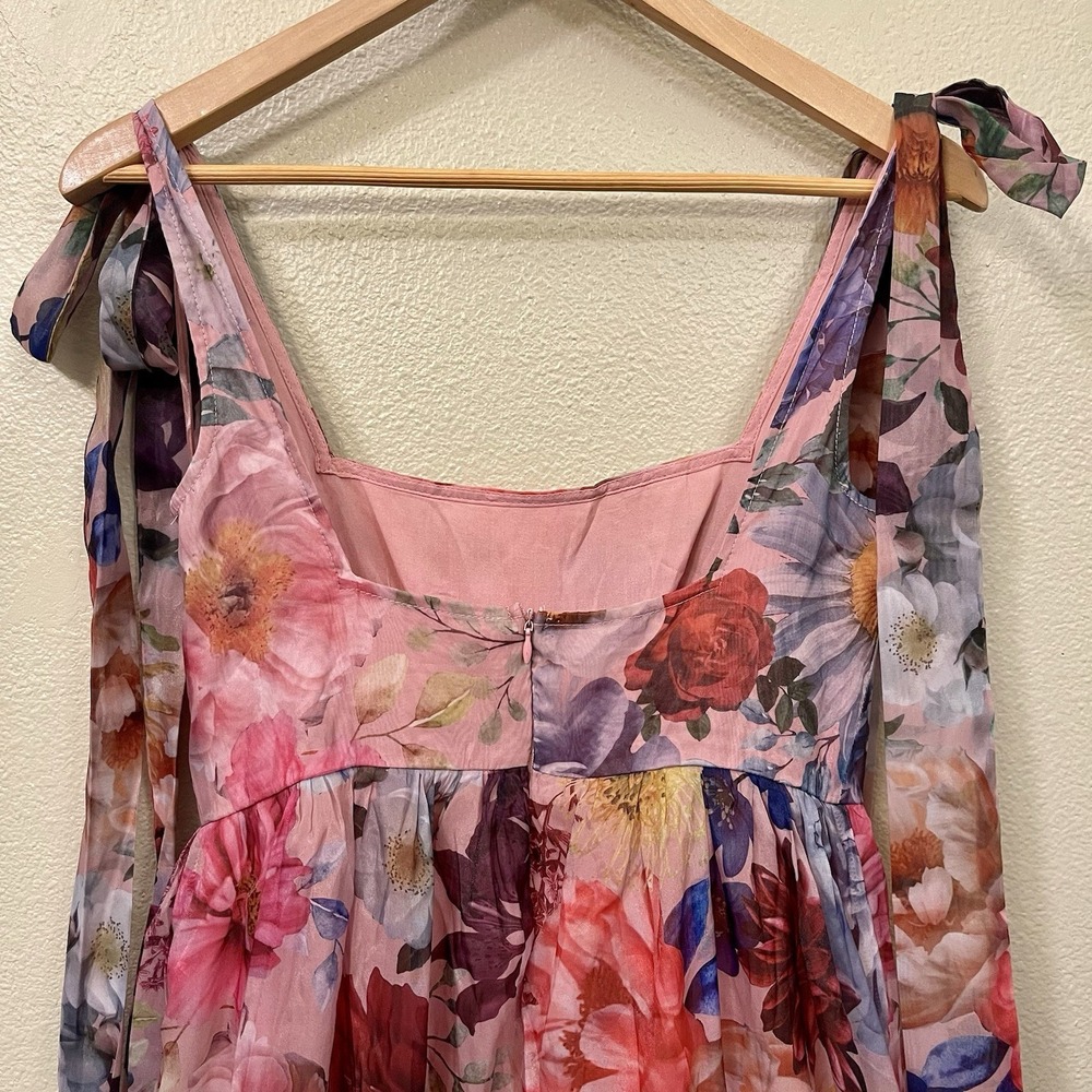 Francesca's Audrey Parks Alahna Floral Maxi Dress Pink Tie Strap Fairy Tutu Sz S - Picture 11 of 16